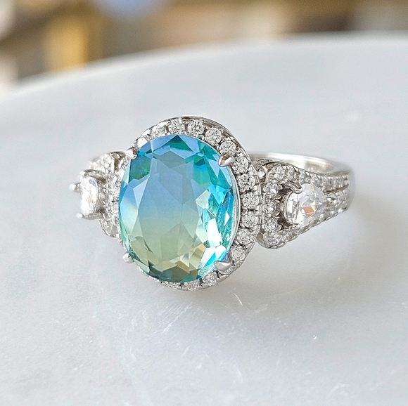Blue & Teal Aquamarine Oval Cushion cut Gemstone ring, 925 Sterling Silver - Picture 4 of 5
